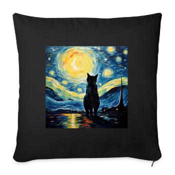 Chat, Motif De Chat, Van Gogh, Nuit Étoilée - Housse de coussin décorative 45 x 45 cm - noir - Devant