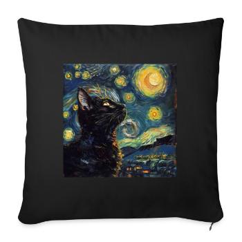 Chat, Motif De Chat, Van Gogh, Nuit Étoilée - Housse de coussin décorative 45 x 45 cm - noir - Devant