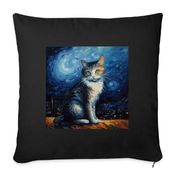 Chat, motif de chat, van gogh, nuit étoilée - Housse de coussin décorative 45 x 45 cm - noir - Devant