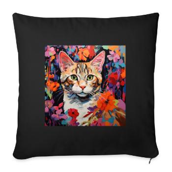 chat, motif de chat, fleurs, cadeau, idée cadeau - Housse de coussin décorative 45 x 45 cm - noir - Devant