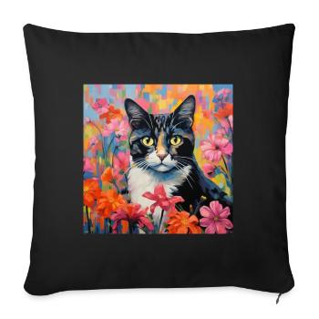chat, motif de chat, fleurs, cadeau, idée cadeau - Housse de coussin décorative 45 x 45 cm - noir - Devant