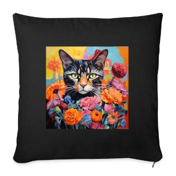chat, motif de chat, fleurs, cadeau, idée cadeau - Housse de coussin décorative 45 x 45 cm - noir - Devant
