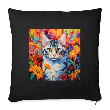 chat, motif de chat, fleurs, cadeau, idée cadeau - Housse de coussin décorative 45 x 45 cm - noir - Devant