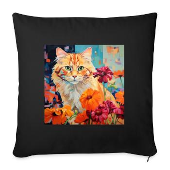 chat, motif de chat, fleurs, cadeau, idée cadeau - Housse de coussin décorative 45 x 45 cm - noir - Devant