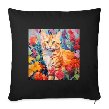 chat, motif de chat, fleurs, cadeau, idée cadeau - Housse de coussin décorative 45 x 45 cm - noir - Devant