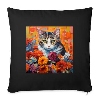 chat, motif de chat, fleurs, cadeau, idée cadeau - Housse de coussin décorative 45 x 45 cm - noir - Devant
