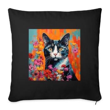 chat, motif de chat, fleurs, cadeau, idée cadeau - Housse de coussin décorative 45 x 45 cm - noir - Devant