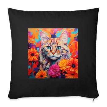 chat, motif de chat, fleurs, cadeau, idée cadeau - Housse de coussin décorative 45 x 45 cm - noir - Devant