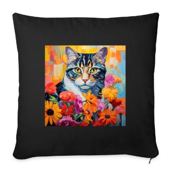 chat, motif de chat, fleurs, cadeau, idée cadeau - Housse de coussin décorative 45 x 45 cm - noir - Devant