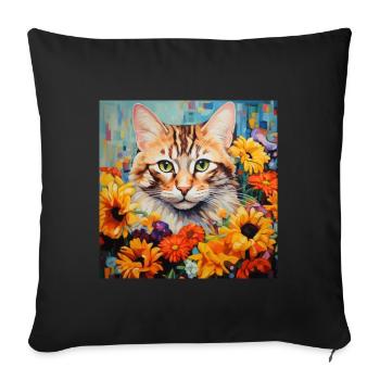 chat, motif de chat, fleurs, cadeau, idée cadeau - Housse de coussin décorative 45 x 45 cm - noir - Devant