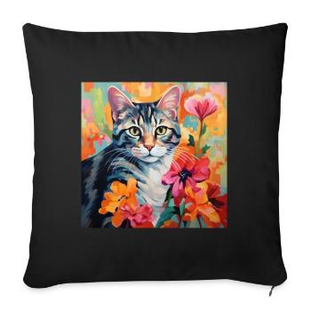 chat, motif de chat, fleurs, cadeau, idée cadeau - Housse de coussin décorative 45 x 45 cm - noir - Devant