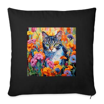 chat, motif de chat, fleurs, cadeau, idée cadeau - Housse de coussin décorative 45 x 45 cm - noir - Devant