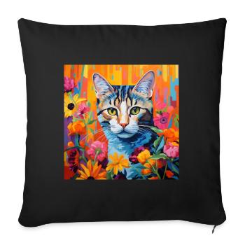 chat, motif de chat, fleurs, cadeau, idée cadeau - Housse de coussin décorative 45 x 45 cm - noir - Devant