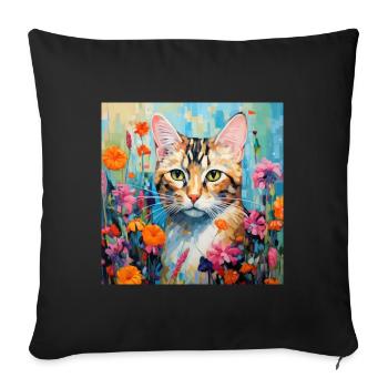 chat, motif de chat, fleurs, cadeau, idée cadeau - Housse de coussin décorative 45 x 45 cm - noir - Devant
