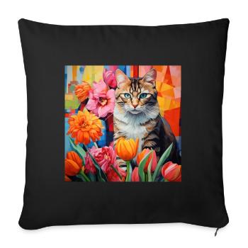 chat, motif de chat, fleurs, cadeau, idée cadeau - Housse de coussin décorative 45 x 45 cm - noir - Devant