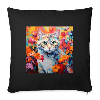 chat, motif de chat, fleurs, cadeau, idée cadeau - Housse de coussin décorative 45 x 45 cm - noir - Devant