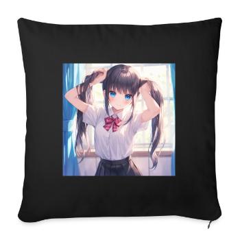 Anime, Écolière, Waifu, Japon - Housse de coussin décorative 45 x 45 cm - noir - Devant