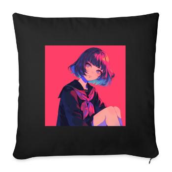 Anime, Écolière, Waifu, Japon - Housse de coussin décorative 45 x 45 cm - noir - Devant