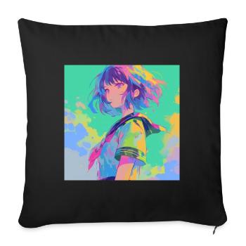 Anime, Écolière, Waifu, Japon - Housse de coussin décorative 45 x 45 cm - noir - Devant