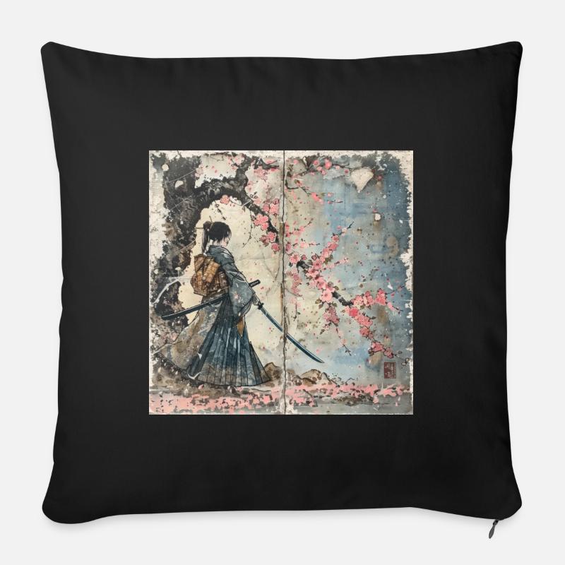 Japanisch, Samurai, Kirschblüte, Kunst, Ukiyo-E - Sofakissenbezug 45 x 45 cm - Schwarz