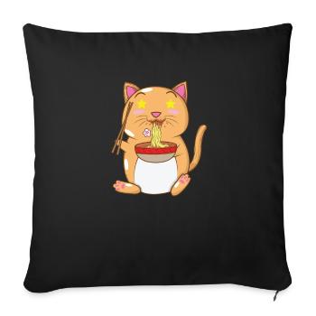 chat japonais mange des nouilles ramen - Housse de coussin décorative 45 x 45 cm - noir - Devant