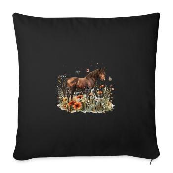 Brown horse in flower field with butterflies - Sofa pillowcase 17,3'' x 17,3'' (45 x 45 cm) - black - Front