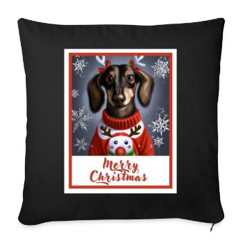 Teckel dans un pull de Noël rouge avec, bonhomme de neige - Housse de coussin décorative 45 x 45 cm - noir - Devant