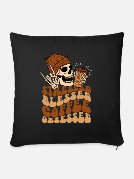 Kaffee und Totenkopf - Sofakissenbezug 45 x 45 cm - Schwarz