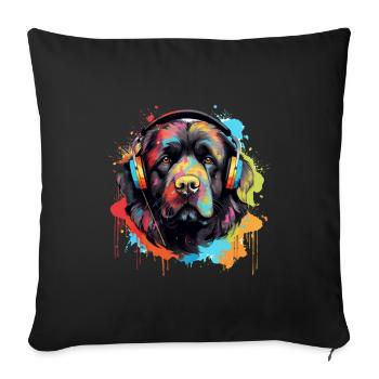 Chien Terre-Neuve avec des écouteurs éclaboussures de peinture - Housse de coussin décorative 45 x 45 cm - noir - Devant