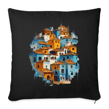 Village bleu avec tuiles orange - Housse de coussin décorative 45 x 45 cm - noir - Devant