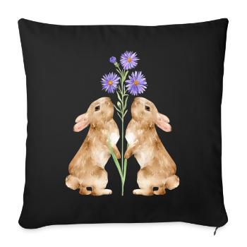 Deux mignons lapins avec des fleurs - Housse de coussin décorative 45 x 45 cm - noir - Devant