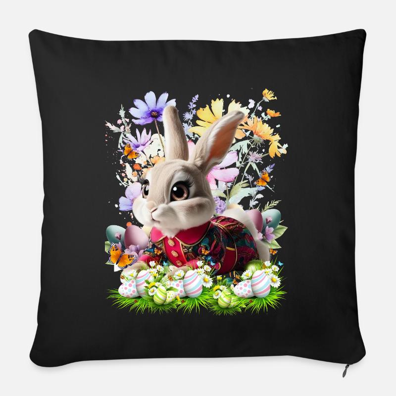 Osterhase im Blumenfeld - Sofakissenbezug 45 x 45 cm - Schwarz