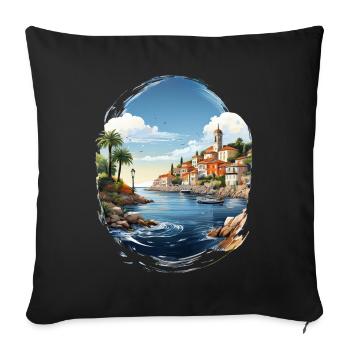 Sea view with coastal town and palm tree - Sofa pillowcase 17,3'' x 17,3'' (45 x 45 cm) - black - Front