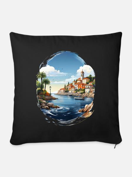 Meeresblick mit Küstenstadt und Palme - Sofakissenbezug 45 x 45 cm - Schwarz