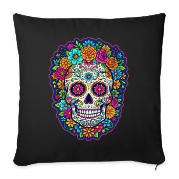 Mexikanischer Schädel, Zucker, Schädelblüten - Sofakissenbezug 45 x 45 cm - Schwarz - Vorne