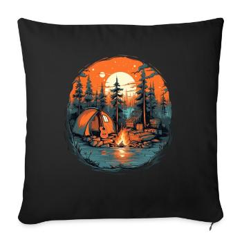Campfire Lagerfeuer am See mit Holzhütte im Wald - Sofakissenbezug 45 x 45 cm - Schwarz - Vorne