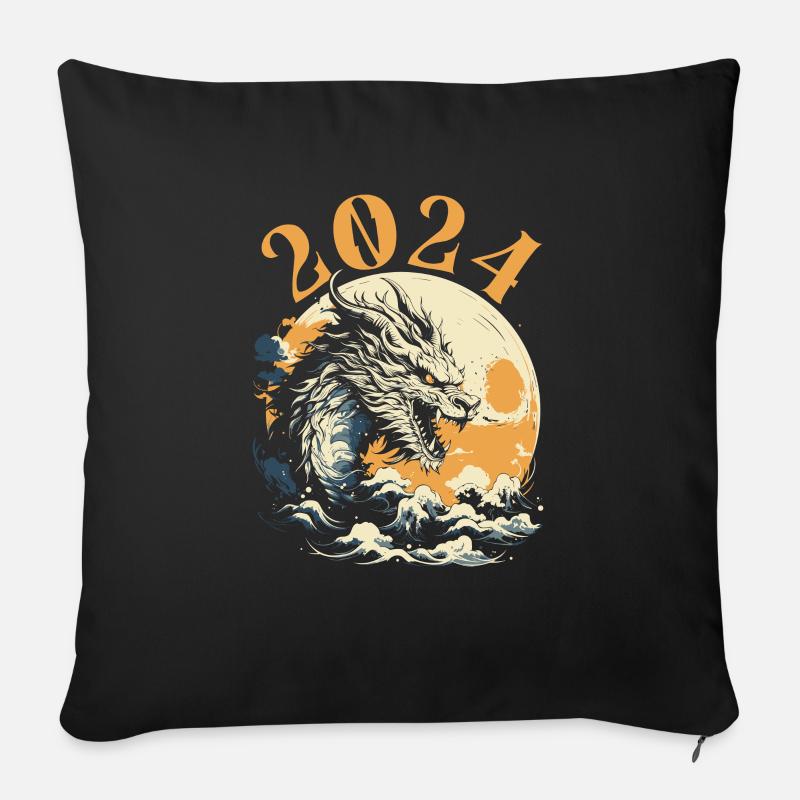 Année du Dragon 2024 - Housse de coussin décorative 45 x 45 cm - noir