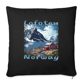 Lofoten maison en bois norvégienne montagnes mer grunge - Housse de coussin décorative 45 x 45 cm - noir - Devant