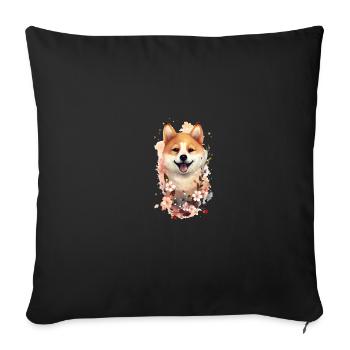 Portrait du chien japonais Shiba Inu, fleur, - Housse de coussin décorative 45 x 45 cm - noir - Devant