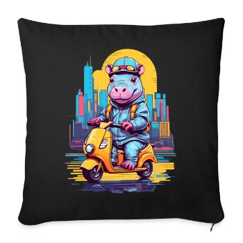 Hippopotamus on Scooter - Sofa pillowcase 17,3'' x 17,3'' (45 x 45 cm) - black - Front