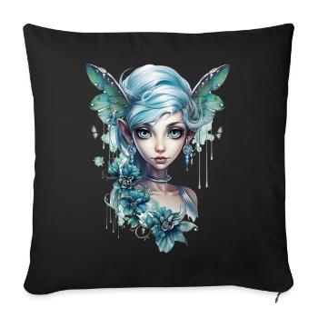Fée aux cheveux bleus et aux grands yeux – Fantasy - Housse de coussin décorative 45 x 45 cm - noir - Devant