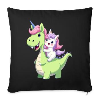 Licorne mignonne chevauchant un dinosaure – Kawaii Fantasy Art - Housse de coussin décorative 45 x 45 cm - noir - Devant