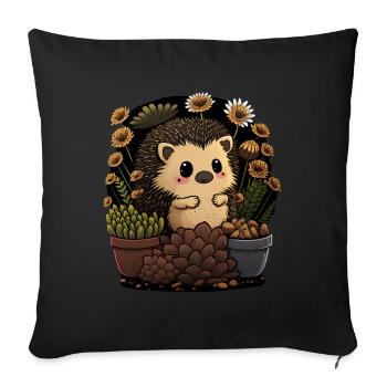 Kleiner Igel, Blumentopf, Kaktus, Blüten, Garten - Sofakissenbezug 45 x 45 cm - Schwarz - Vorne