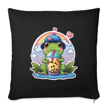 Grenouille mignonne en casquette de baseball buvant de la limonade - Housse de coussin décorative 45 x 45 cm - noir - Devant