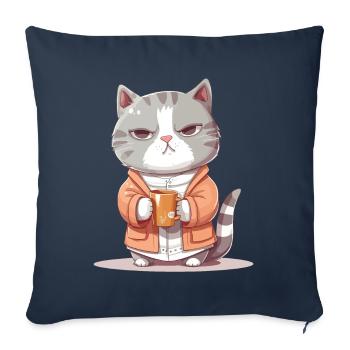 Cat Café Tasse Café Pyjama Dessin Animé Drôle - Housse de coussin décorative 45 x 45 cm - bleu marine - Devant