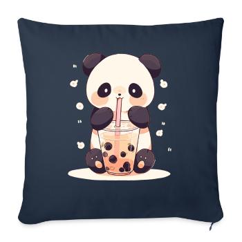 Kawaii Panda boit Boba Bubble Tea Chibi - Housse de coussin décorative 45 x 45 cm - bleu marine - Devant