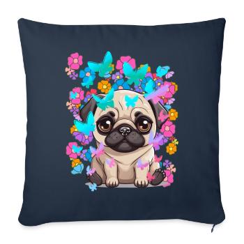 Chien Chiens Carlin Printemps Fleurs Papillons - Housse de coussin décorative 45 x 45 cm - bleu marine - Devant