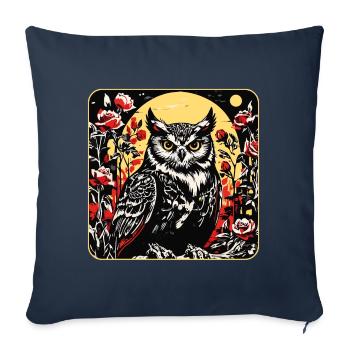 Eule mit Rosenblüten Ranken in Holzschnittoptik - Sofakissenbezug 45 x 45 cm - Navy - Vorne