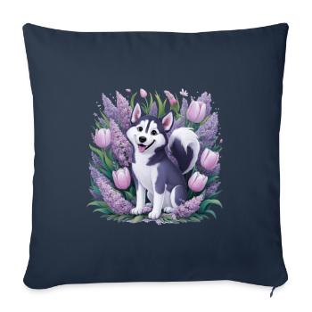 Dessin animé Husky avec des tulipes, lilas pour les fans de husky - Housse de coussin décorative 45 x 45 cm - bleu marine - Devant