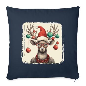 Renne avec boules de Noël et chapeau - Housse de coussin décorative 45 x 45 cm - bleu marine - Devant